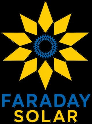 Faraday Solar logo featuring a yellow star with blue spiky center on black background